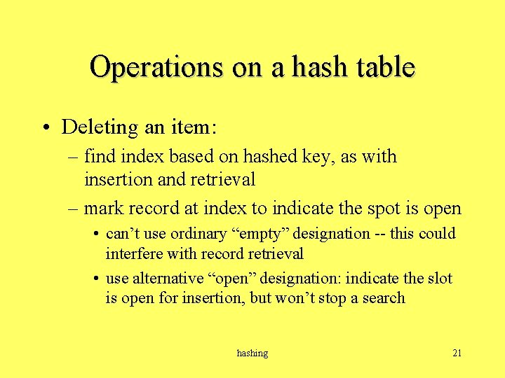 Operations on a hash table • Deleting an item: – find index based on