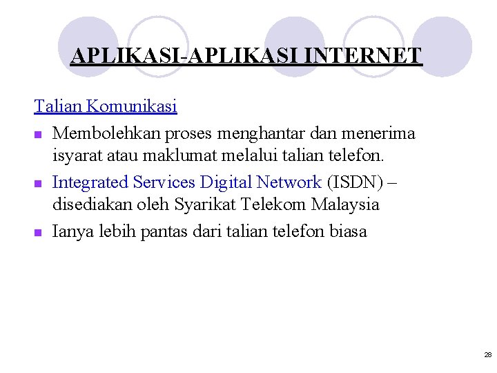 APLIKASI-APLIKASI INTERNET Talian Komunikasi n Membolehkan proses menghantar dan menerima isyarat atau maklumat melalui