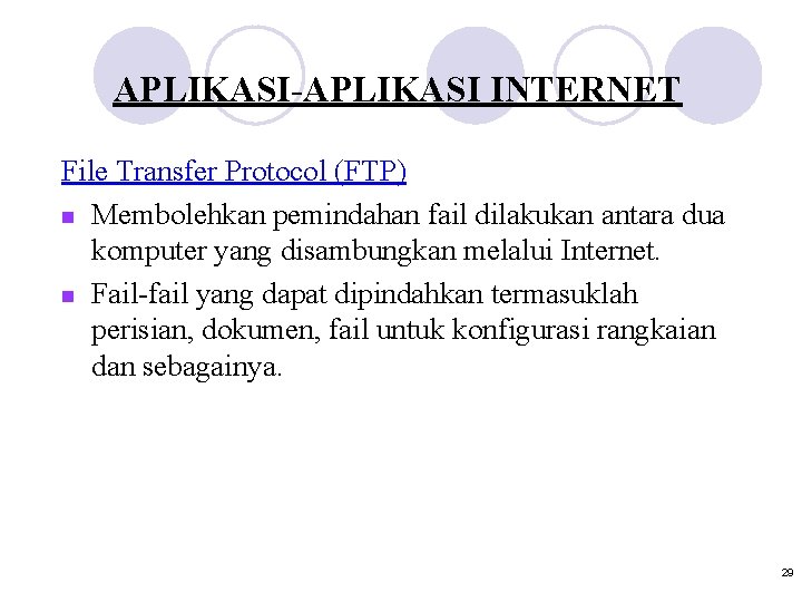 APLIKASI-APLIKASI INTERNET File Transfer Protocol (FTP) n Membolehkan pemindahan fail dilakukan antara dua komputer