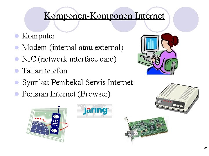 Komponen-Komponen Internet l l l Komputer Modem (internal atau external) NIC (network interface card)