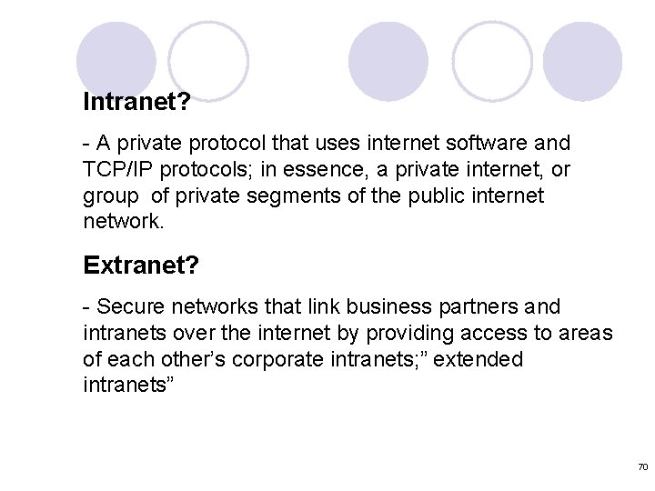 Intranet? - A private protocol that uses internet software and TCP/IP protocols; in essence,