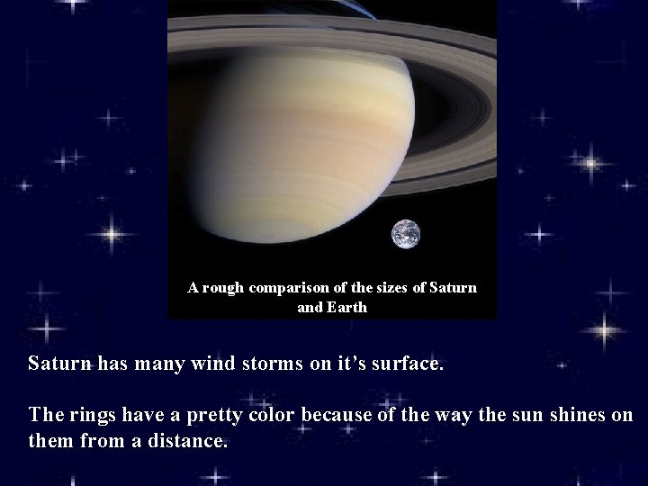 A rough comparison of the sizes of Saturn and Earth Saturn has many wind