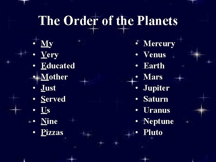 The Order of the Planets • • • My Very Educated Mother Just Served