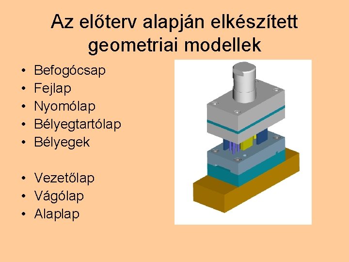 Az előterv alapján elkészített geometriai modellek • • • Befogócsap Fejlap Nyomólap Bélyegtartólap Bélyegek