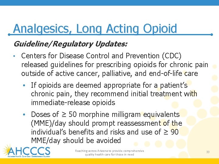 Analgesics, Long Acting Opioid Guideline/Regulatory Updates: • Centers for Disease Control and Prevention (CDC)