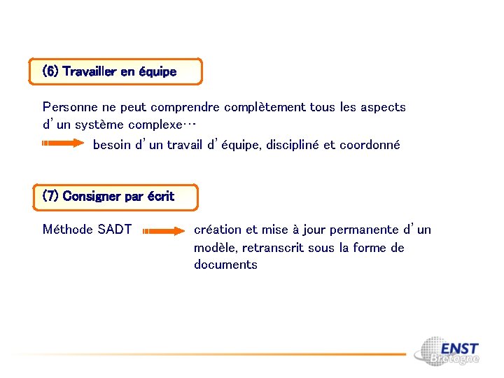 (6) Travailler en équipe Personne ne peut comprendre complètement tous les aspects d’un système