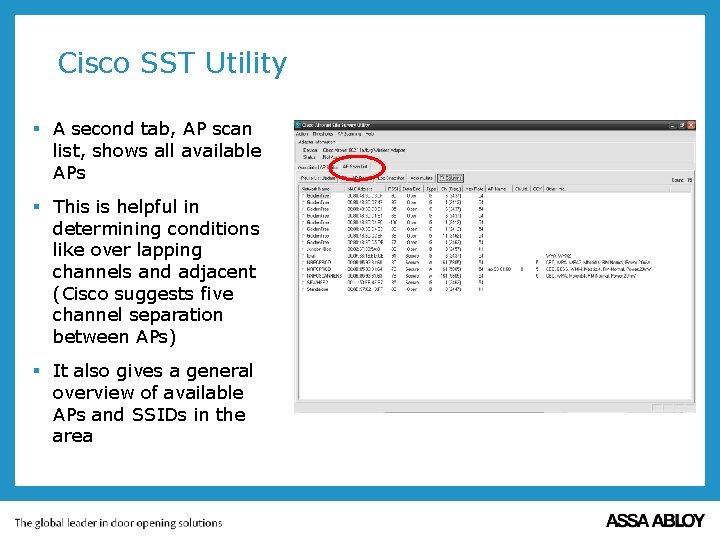 Cisco SST Utility § A second tab, AP scan list, shows all available APs