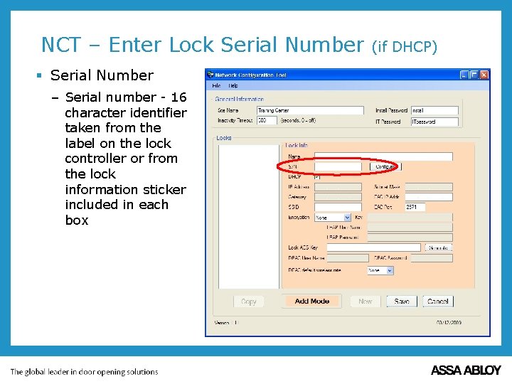 NCT – Enter Lock Serial Number § Serial Number – Serial number - 16