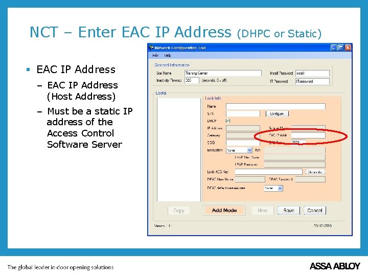 NCT – Enter EAC IP Address § EAC IP Address – EAC IP Address