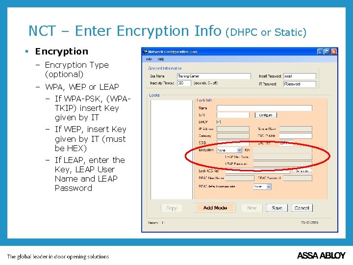 NCT – Enter Encryption Info (DHPC or Static) § Encryption – Encryption Type (optional)