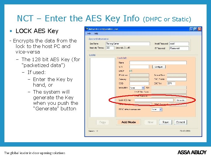 NCT – Enter the AES Key Info § LOCK AES Key - Encrypts the