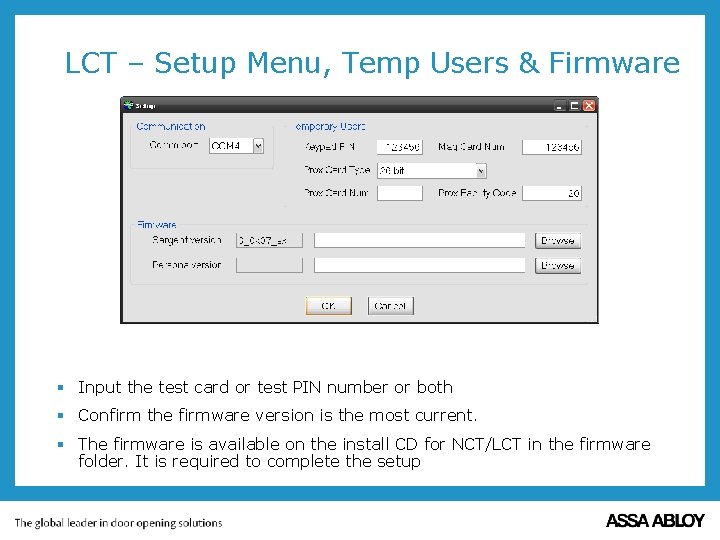 LCT – Setup Menu, Temp Users & Firmware § Input the test card or