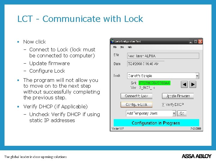 LCT - Communicate with Lock § Now click – Connect to Lock (lock must