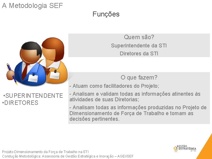 A Metodologia SEF Funções Quem são? Superintendente da STI Diretores da STI O que