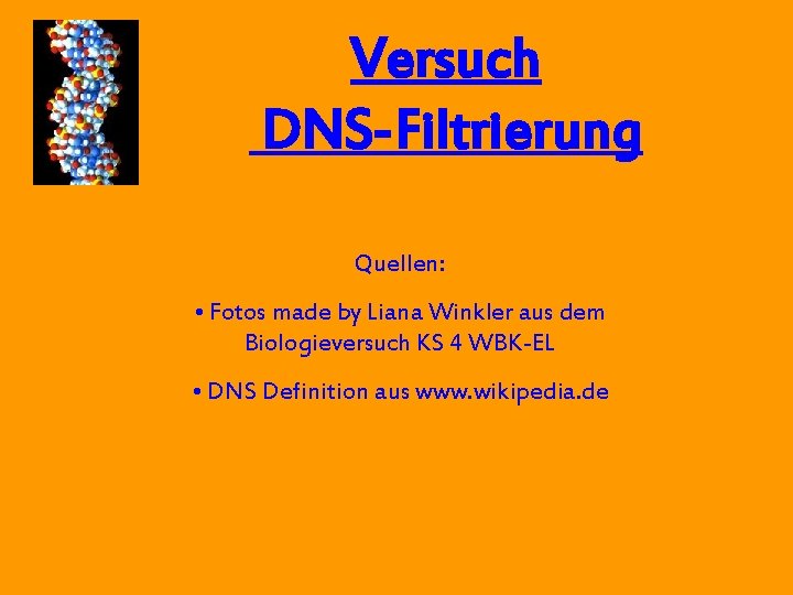 Versuch DNS-Filtrierung Quellen: • Fotos made by Liana Winkler aus dem Biologieversuch KS 4