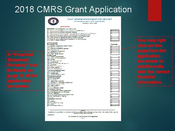 2018 CMRS Grant Application A “Financial Statement Glossary” can be found on page 13