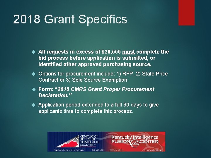 2018 Grant Specifics All requests in excess of $20, 000 must complete the bid