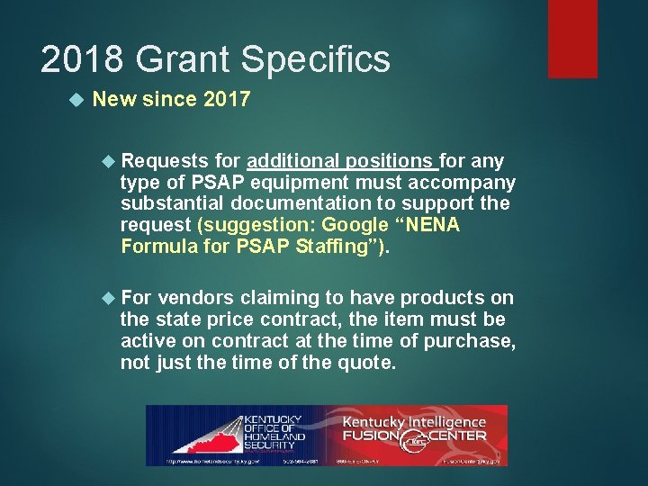 2018 Grant Specifics New since 2017 Requests for additional positions for any type of