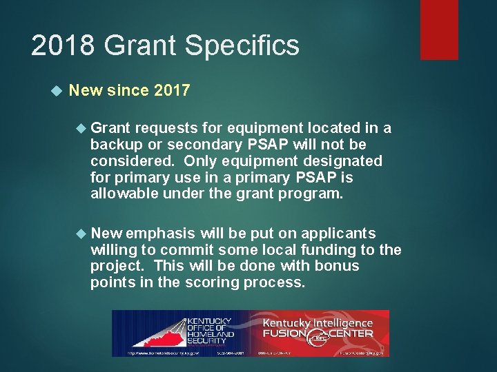 2018 Grant Specifics New since 2017 Grant requests for equipment located in a backup