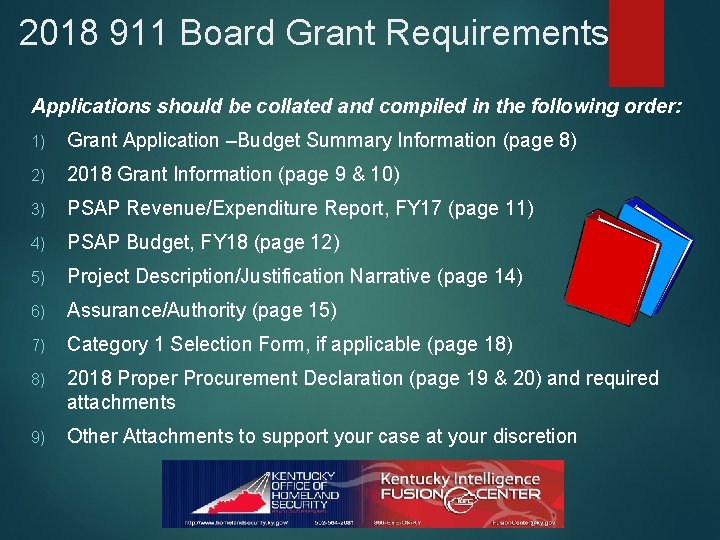 2018 911 Board Grant Requirements Applications should be collated and compiled in the following