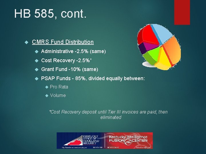HB 585, cont. CMRS Fund Distribution Administrative -2. 5% (same) Cost Recovery -2. 5%*