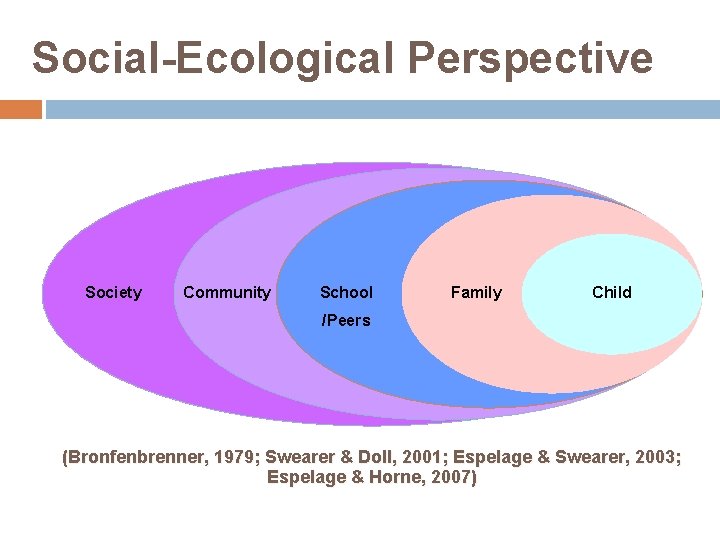 Social-Ecological Perspective Society Community School Family Child /Peers (Bronfenbrenner, 1979; Swearer & Doll, 2001;