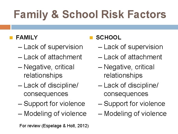 Family & School Risk Factors FAMILY – Lack of supervision – Lack of attachment