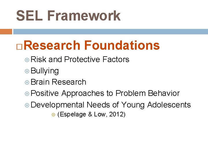 SEL Framework Research Foundations Risk and Protective Factors Bullying Brain Research Positive Approaches to