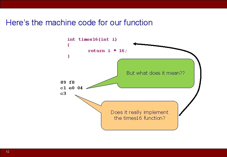 Here’s the machine code for our function int times 16(int i) { return i