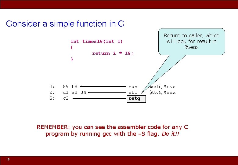 Consider a simple function in C int times 16(int i) { return i *