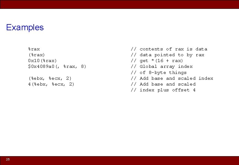 Examples %rax // contents of rax is data (%rax) // data pointed to by