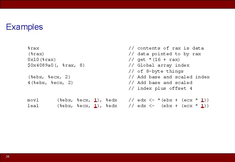 Examples %rax // contents of rax is data (%rax) // data pointed to by