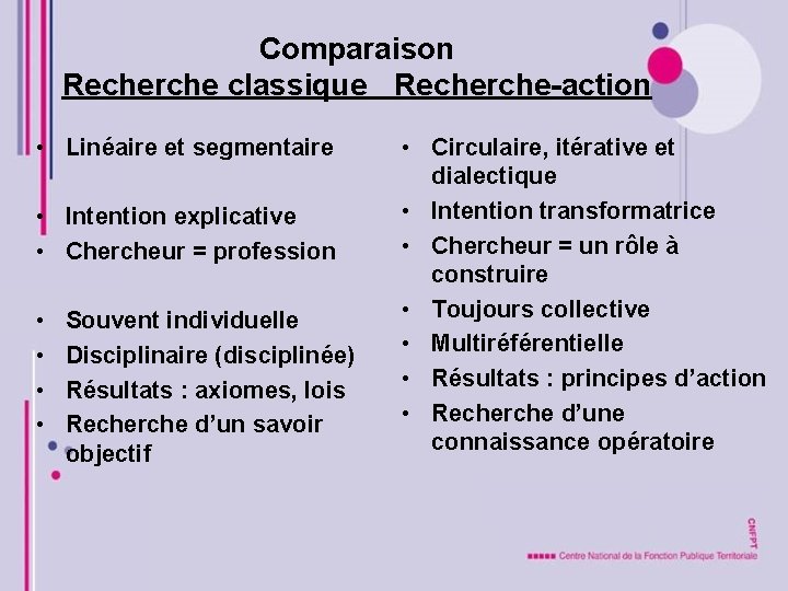 Comparaison Recherche classique Recherche-action • Linéaire et segmentaire • Intention explicative • Chercheur =