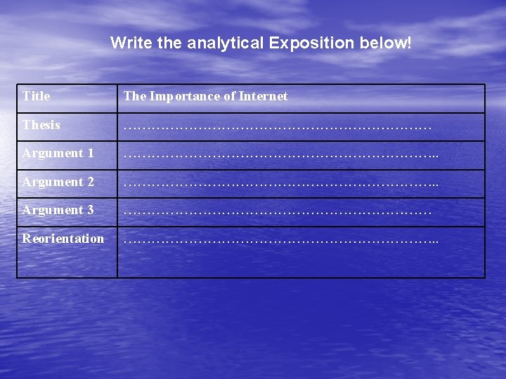 Write the analytical Exposition below! Title The Importance of Internet Thesis …………………………… Argument 1