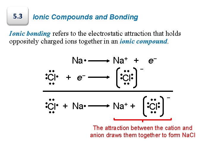 5. 3 Ionic Compounds and Bonding Ionic bonding refers to the electrostatic attraction that