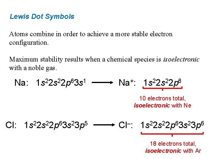 Lewis Dot Symbols Atoms combine in order to achieve a more stable electron configuration.