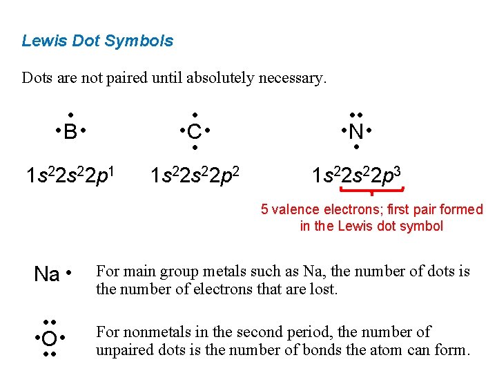 Lewis Dot Symbols Dots are not paired until absolutely necessary. • • B •