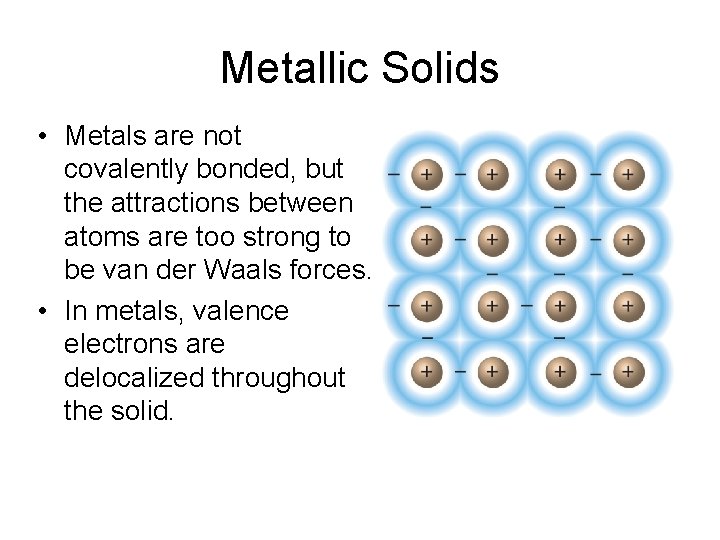 Metallic Solids • Metals are not covalently bonded, but the attractions between atoms are