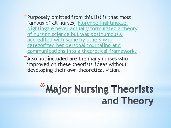*Purposely omitted from this list is that most famous of all nurses, Florence Nightingale