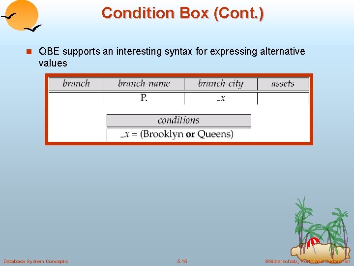 Condition Box (Cont. ) n QBE supports an interesting syntax for expressing alternative values Condition Box (Cont. ) n QBE supports an interesting syntax for expressing alternative values