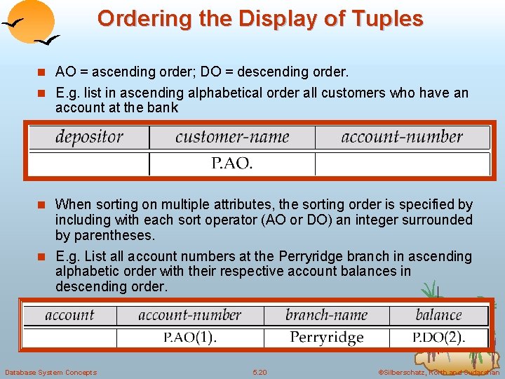 Ordering the Display of Tuples n AO = ascending order; DO = descending order. Ordering the Display of Tuples n AO = ascending order; DO = descending order.