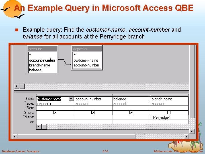 An Example Query in Microsoft Access QBE n Example query: Find the customer-name, account-number An Example Query in Microsoft Access QBE n Example query: Find the customer-name, account-number