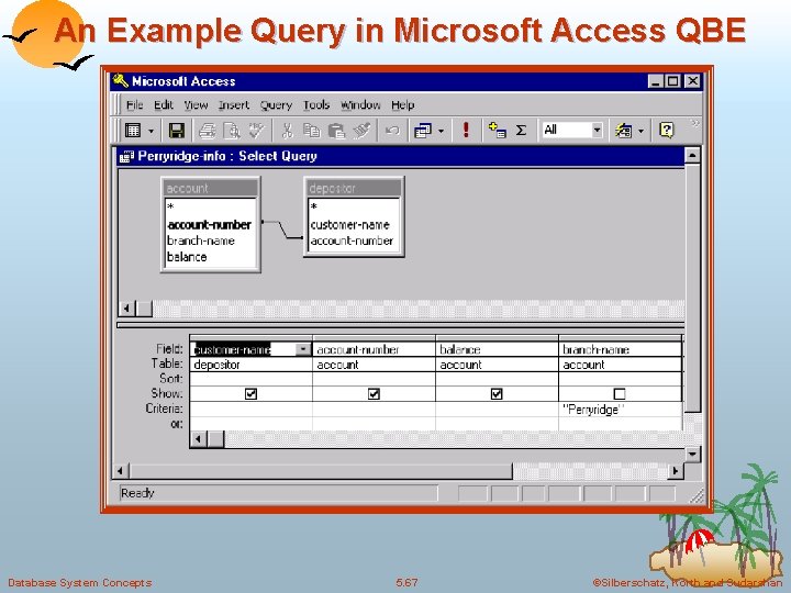 An Example Query in Microsoft Access QBE Database System Concepts 5. 67 ©Silberschatz, Korth An Example Query in Microsoft Access QBE Database System Concepts 5. 67 ©Silberschatz, Korth