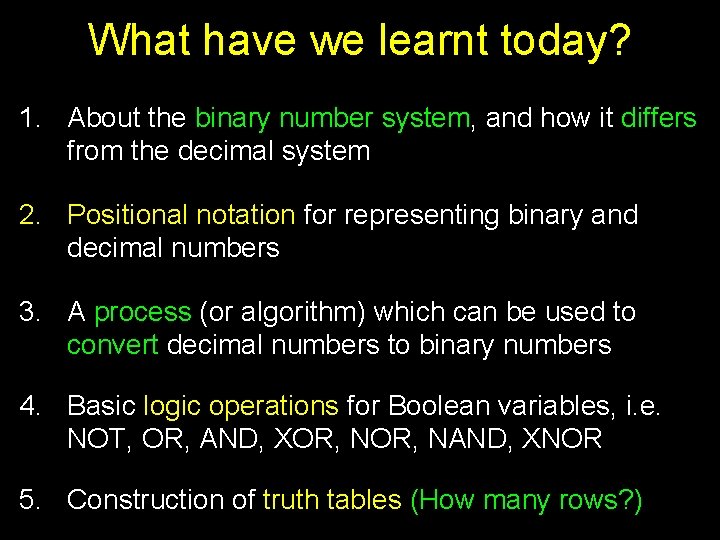 What have we learnt today? 1. About the binary number system, and how it What have we learnt today? 1. About the binary number system, and how it