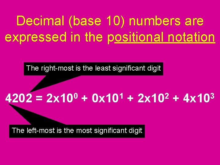 Decimal (base 10) numbers are expressed in the positional notation The right-most is the Decimal (base 10) numbers are expressed in the positional notation The right-most is the