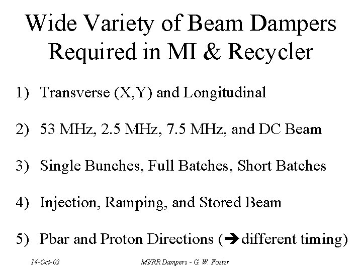 Wide Variety of Beam Dampers Required in MI & Recycler 1) Transverse (X, Y)