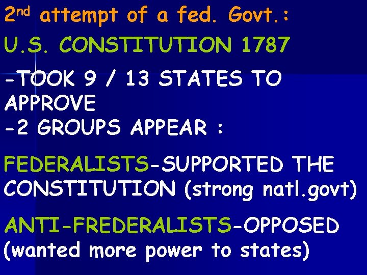 2 nd attempt of a fed. Govt. : U. S. CONSTITUTION 1787 -TOOK 9