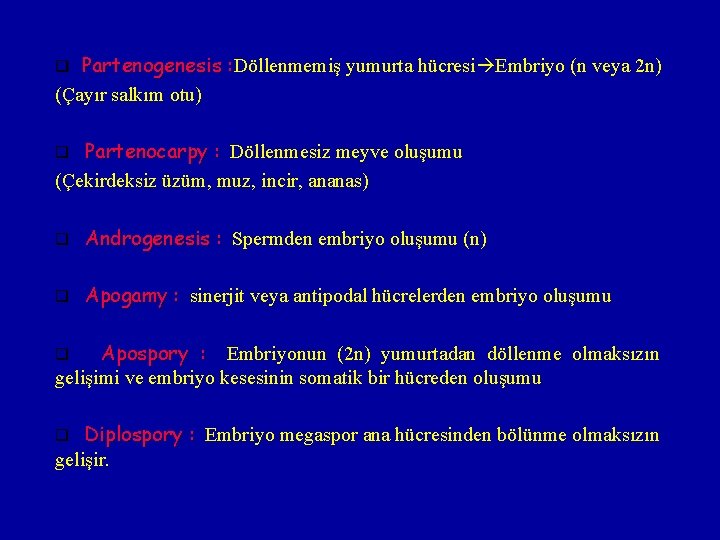 Partenogenesis : Döllenmemiş yumurta hücresi Embriyo (n veya 2 n) : (Çayır salkım otu)