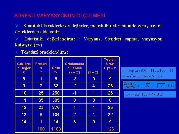 SÜREKLİ VARYASYONUN ÖLÇÜLMESİ Kantitatif karakterlerde değerler, metrik üniteler halinde geniş sayıda örneklerden elde edilir.