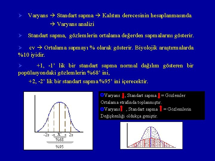 Ø Varyans Standart sapma Kalıtım derecesinin hesaplanmasında Varyans analizi Ø Standart sapma, gözlemlerin ortalama